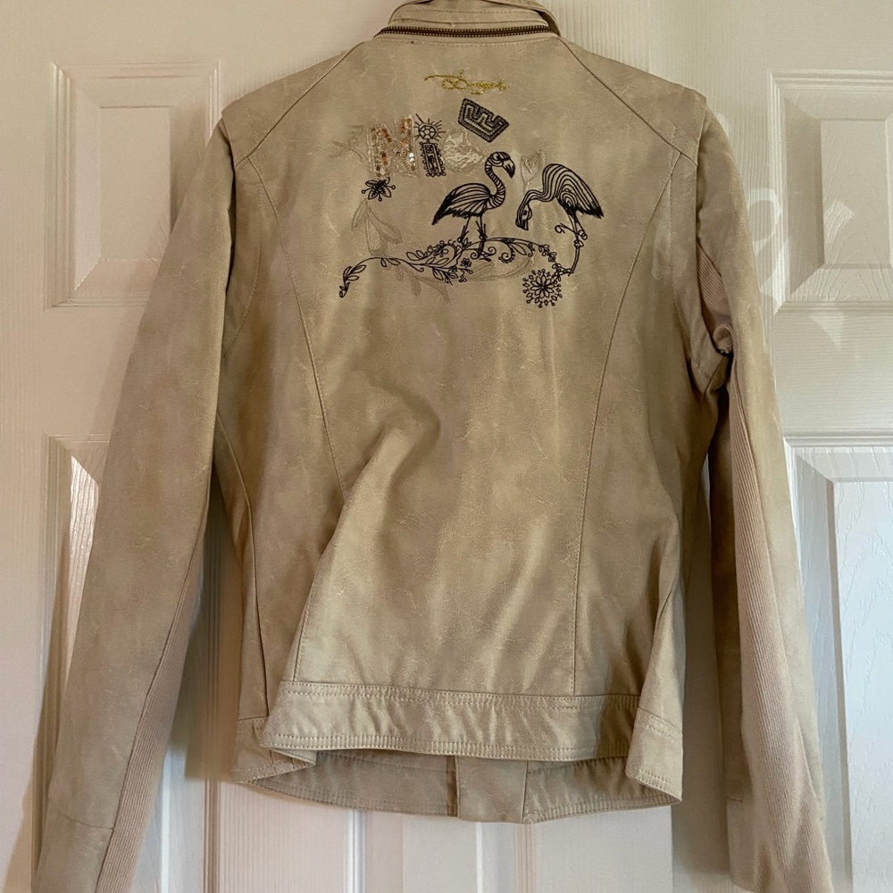 Desigual Beige Convertible Jacket with Embroidered Flamingos